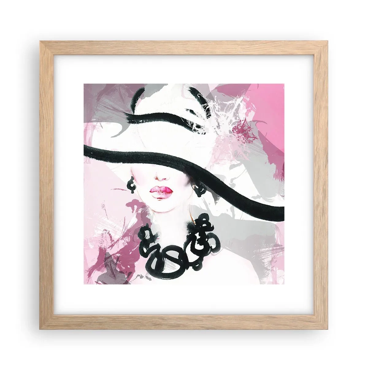 Póster en marco roble claro - Retrato de una dama en negro y rosa - 30x30 cm