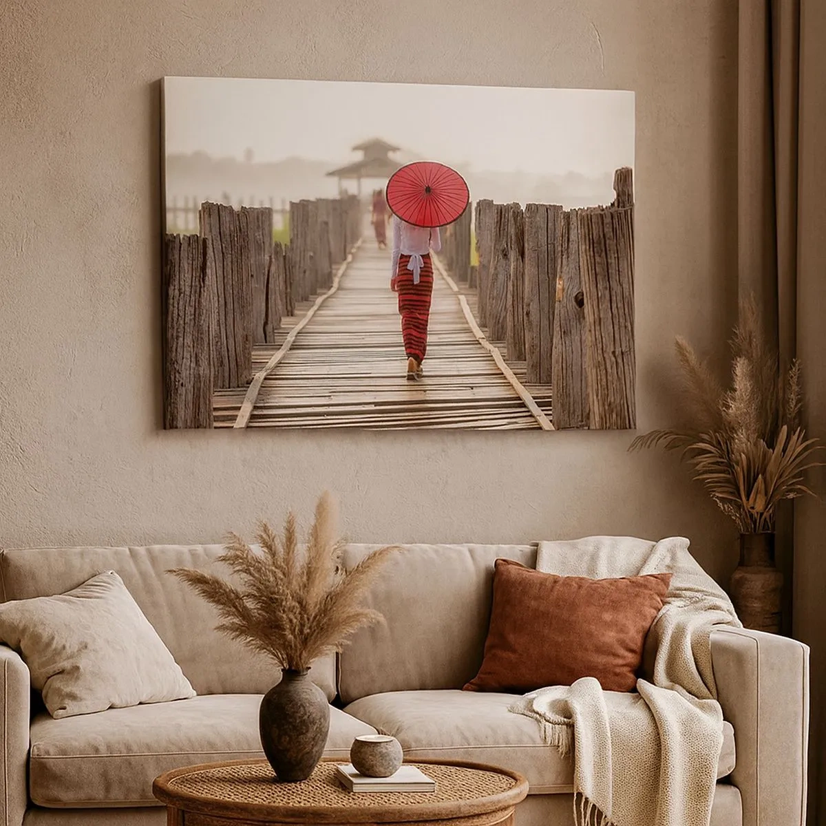 Cuadro sobre lienzo - Impresión de Imagen - Una mujer con un paraguas rojo en un puente de madera. - 70x50cm - En un viejo puente - Decoración de pared moderna para salón y dormitorio ARTTOR