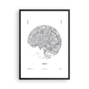 Póster en marco negro - Un mapa minimalista en blanco y negro de Oslo - 50x70cm - Anatomía de Oslo - Decoración de pared moderna para salón y dormitorio ARTTOR