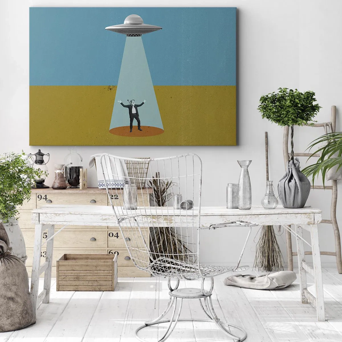 Cuadro sobre lienzo - Impresión de Imagen - Un hombre a la luz de un OVNI sobre el fondo de un paisaje colorido. - 70x50cm - Un encuentro cercano - Decoración de pared moderna para salón y dormitorio ARTTOR