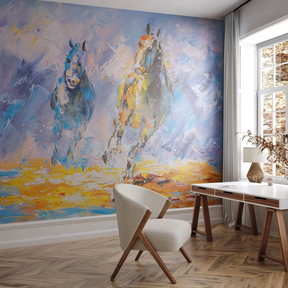Fotomural Autadhesivo Deluxe Sticker - Galopando a través del resplandor - animales, Caballos, Impresionismo - 500x350 cm