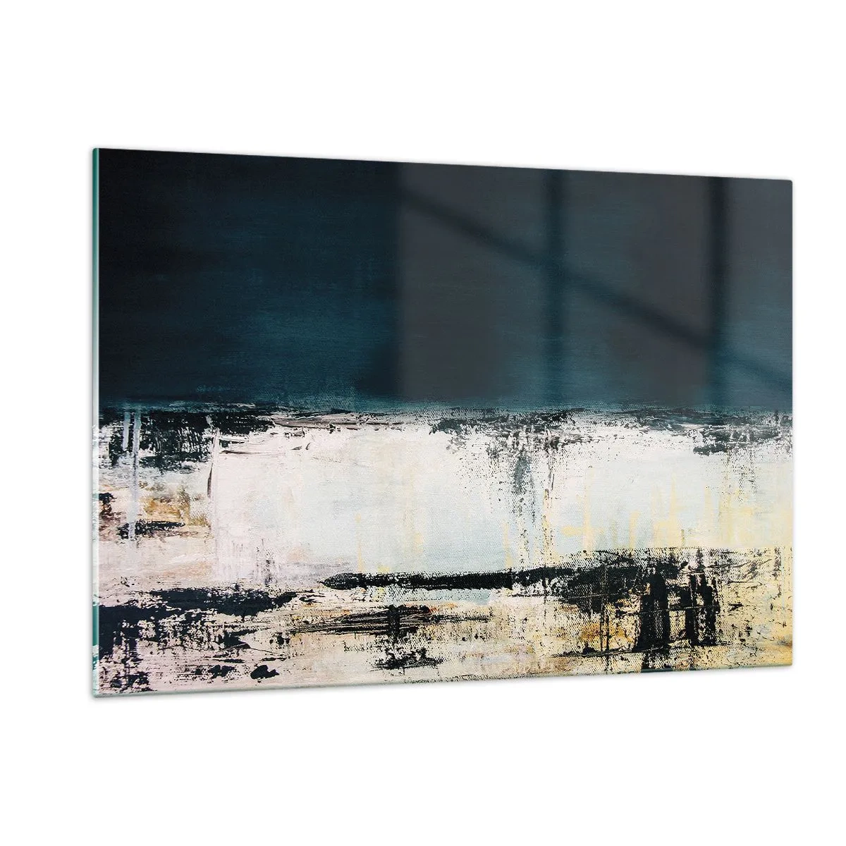 Cuadro sobre vidrio - Impresiones sobre Vidrio - Paisaje abstracto en tonos azul marino y blanco. - 120x80cm - Composición horizontal - Decoración de pared moderna para salón y dormitorio ARTTOR