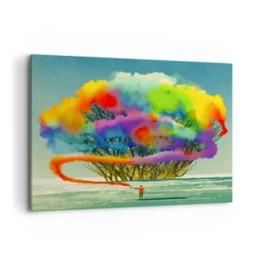 Cuadro sobre lienzo - Impresión de Imagen - Una figura con humo de colores en el fondo de un árbol en el desierto. - 120x80cm - Dale vida a este mundo - Decoración de pared moderna para salón y dormitorio ARTTOR