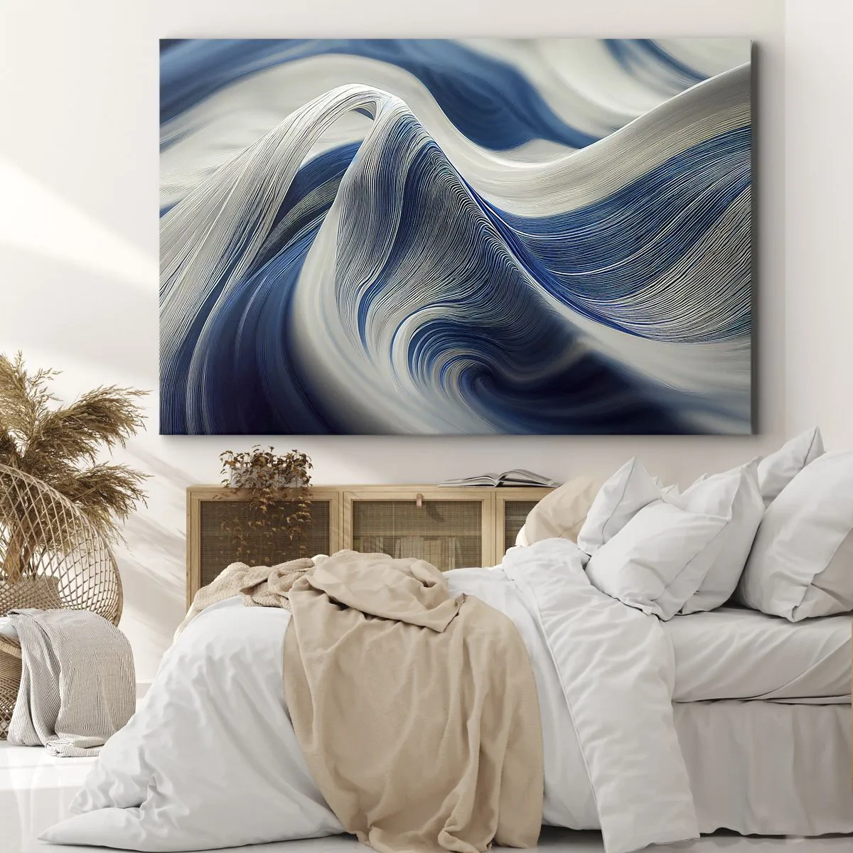 Cuadro sobre lienzo - Impresión de Imagen - Ondas abstractas en tonos azules y blancos - 120x80cm - Fluidez de azul y blanco - Decoración de pared moderna para salón y dormitorio ARTTOR