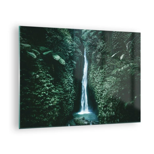 Cuadro sobre vidrio - Impresiones sobre Vidrio - Una cascada en medio de una densa vegetación tropical. - 70x50cm - Balneario tropical - Decoración de pared moderna para salón y dormitorio ARTTOR