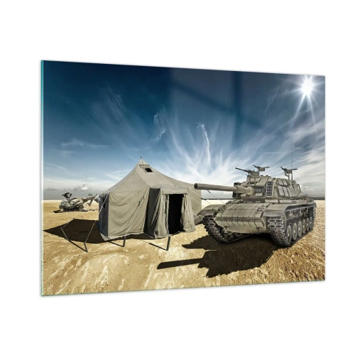 Cuadro sobre vidrio - Impresiones sobre Vidrio - Un tanque y una tienda de campaña en un fondo desértico bajo un cielo azul. - 100x70cm - Campaña militar - Decoración de pared moderna para salón y dormitorio ARTTOR