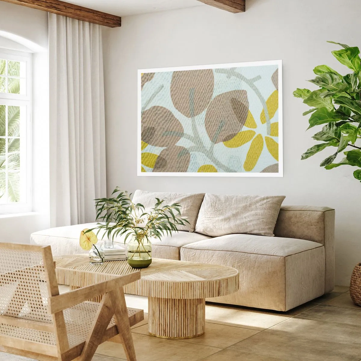 Póster - Hojas abstractas en tonos beige y amarillo. - 100x70cm - Composición a pleno sol - Decoración de pared moderna para salón y dormitorio ARTTOR