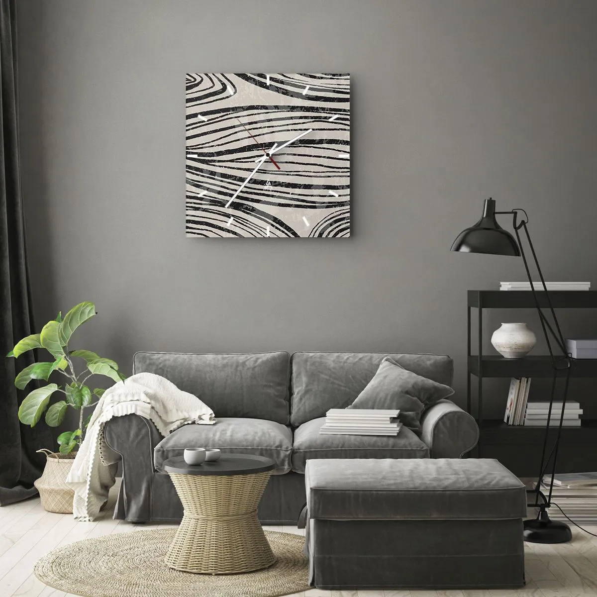Reloj de pared - Reloj de vidrio - Ondas abstractas en tonos blanco y negro - 30x30cm - Salpicadura de líneas - Decoración de pared moderna para salón y dormitorio ARTTOR