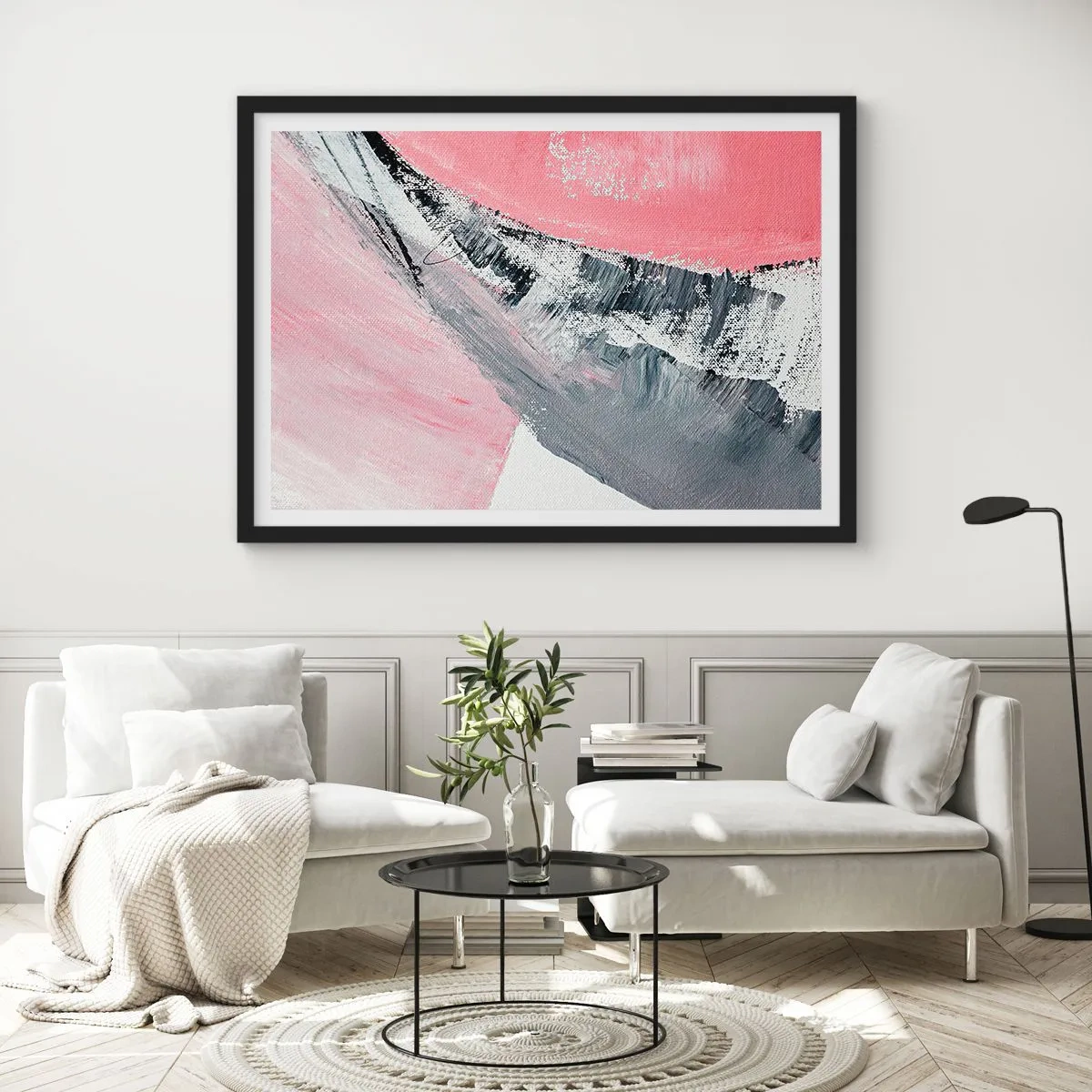 Póster en marco negro - Una composición abstracta en tonos rosa y gris. - 70x50cm - Composición a juego - Decoración de pared moderna para salón y dormitorio ARTTOR