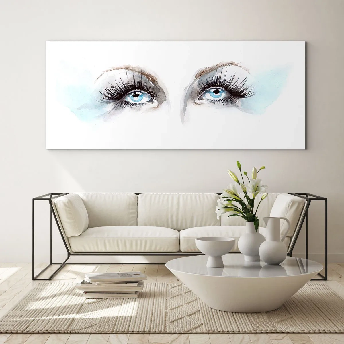 Cuadro sobre vidrio - Impresiones sobre Vidrio - Acuarela con ojos azules y acentos delicados. - 140x50cm - ¿Los ojos de un ángel? - Decoración de pared moderna para salón y dormitorio ARTTOR