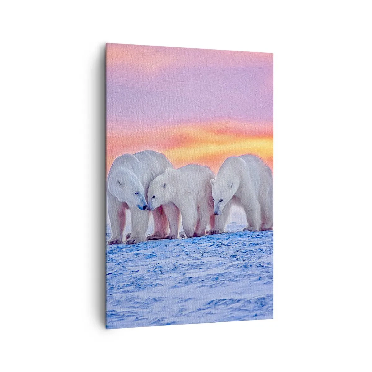 Cuadro sobre lienzo - Impresión de Imagen - Tres osos polares con el telón de fondo de una puesta de sol ártica. - 80x120cm - Todo lo que necesitas es el calor de la familia - Decoración de pared moderna para salón y dormitorio ARTTOR