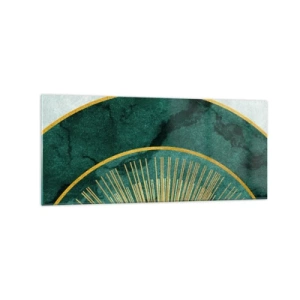 Cuadro sobre vidrio - Impresiones sobre Vidrio - Patrón abstracto con círculos en colores esmeralda y dorado. - 120x50cm - Un sistema solar diferente - Decoración de pared moderna para salón y dormitorio ARTTOR