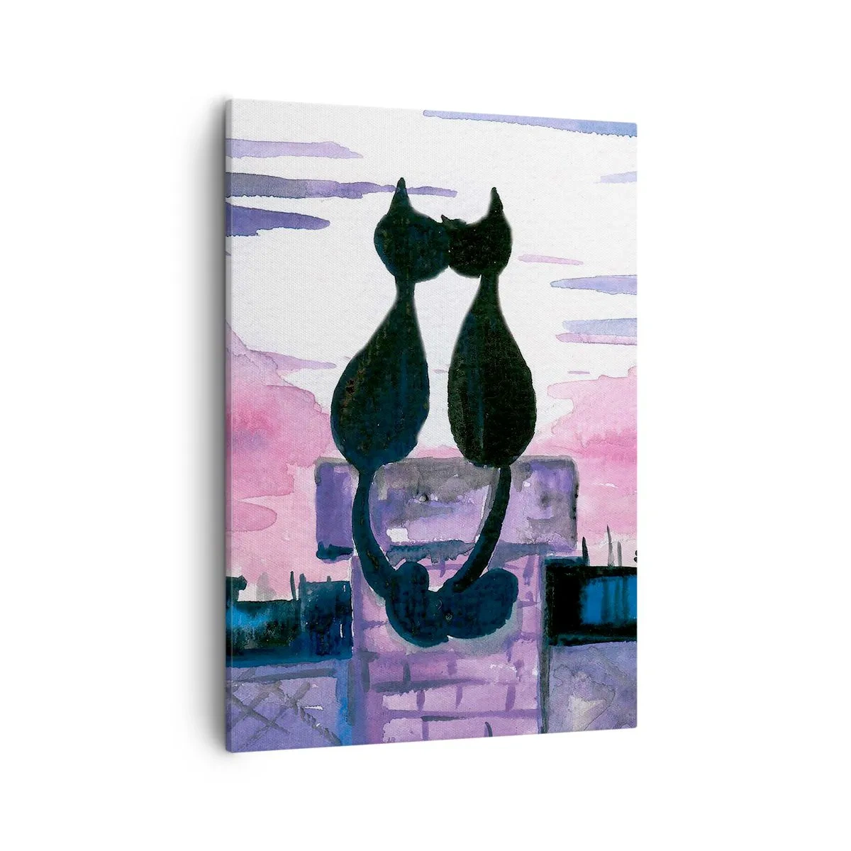 Cuadro sobre lienzo - Impresión de Imagen - Gatos negros en un tejado a la luz de la luna en un entorno de acuarela - 50x70cm - Cita bajo la luna - Decoración de pared moderna para salón y dormitorio ARTTOR