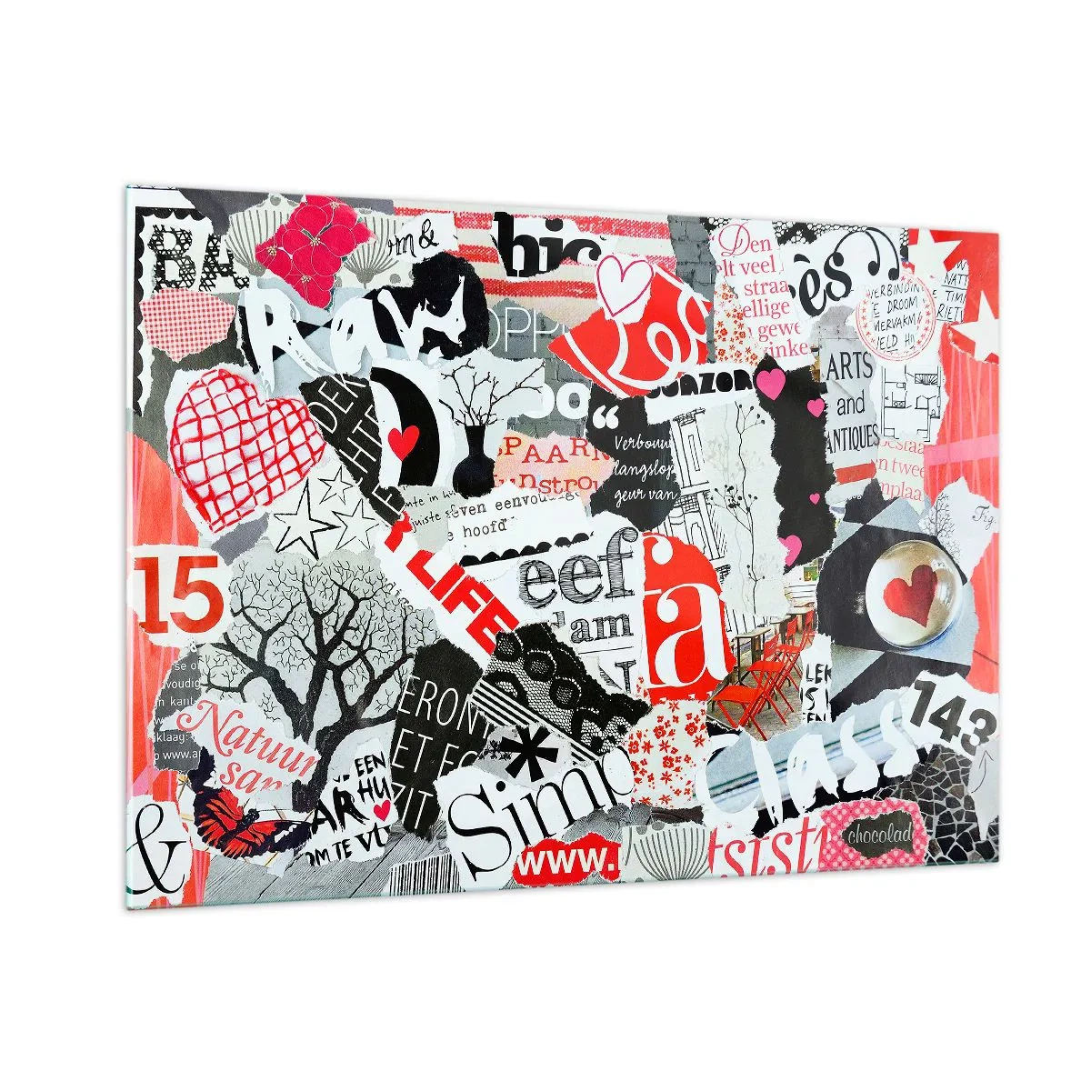 Cuadro sobre vidrio - Impresiones sobre Vidrio - Un collage de letras, corazones y árboles en un estilo artístico. - 100x70cm - Collage hipster - Decoración de pared moderna para salón y dormitorio ARTTOR