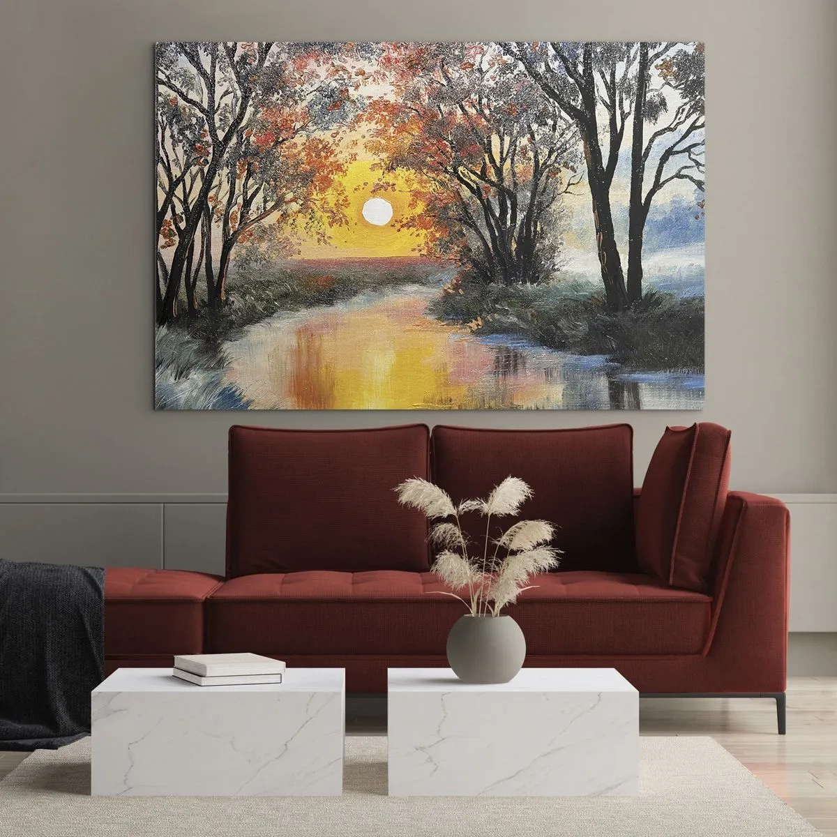 Cuadro sobre vidrio - Impresiones sobre Vidrio - Puesta de sol sobre el río entre los árboles. - 120x80cm - Ambiente otoñal - Decoración de pared moderna para salón y dormitorio ARTTOR