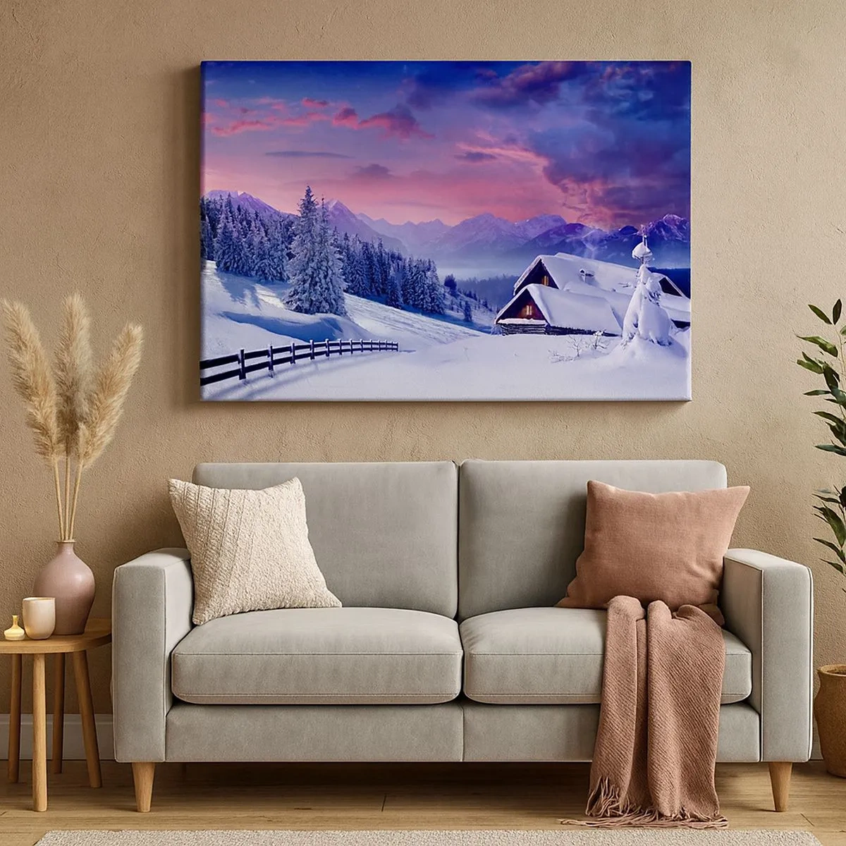 Cuadro sobre lienzo - Impresión de Imagen - Paisaje invernal con cabañas de montaña al atardecer - 70x50cm - Noche de silencio - Decoración de pared moderna para salón y dormitorio ARTTOR