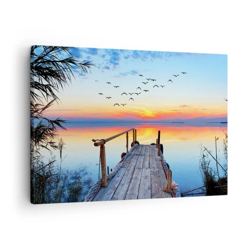 Cuadro sobre lienzo - Impresión de Imagen - Muelle de madera sobre el lago al atardecer - 70x50cm - Es hora de volver... - Decoración de pared moderna para salón y dormitorio ARTTOR