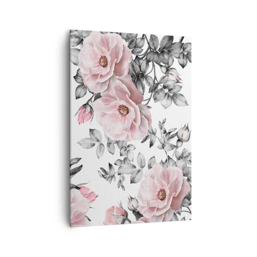 Cuadro sobre lienzo - Impresión de Imagen - Rosas rosas y hojas sobre un delicado fondo blanco y negro. - 70x100cm - Entre las rosas - Decoración de pared moderna para salón y dormitorio ARTTOR