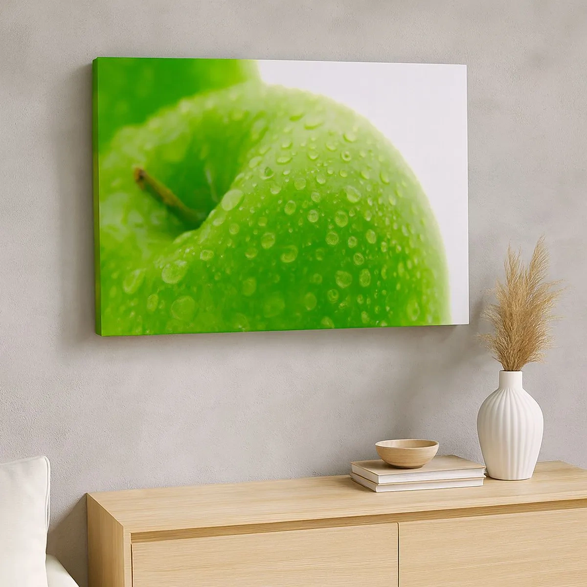 Cuadro sobre lienzo - Impresión de Imagen - Primer plano de una manzana verde con gotas de agua. - 70x50cm - Frescor verde - Decoración de pared moderna para salón y dormitorio ARTTOR