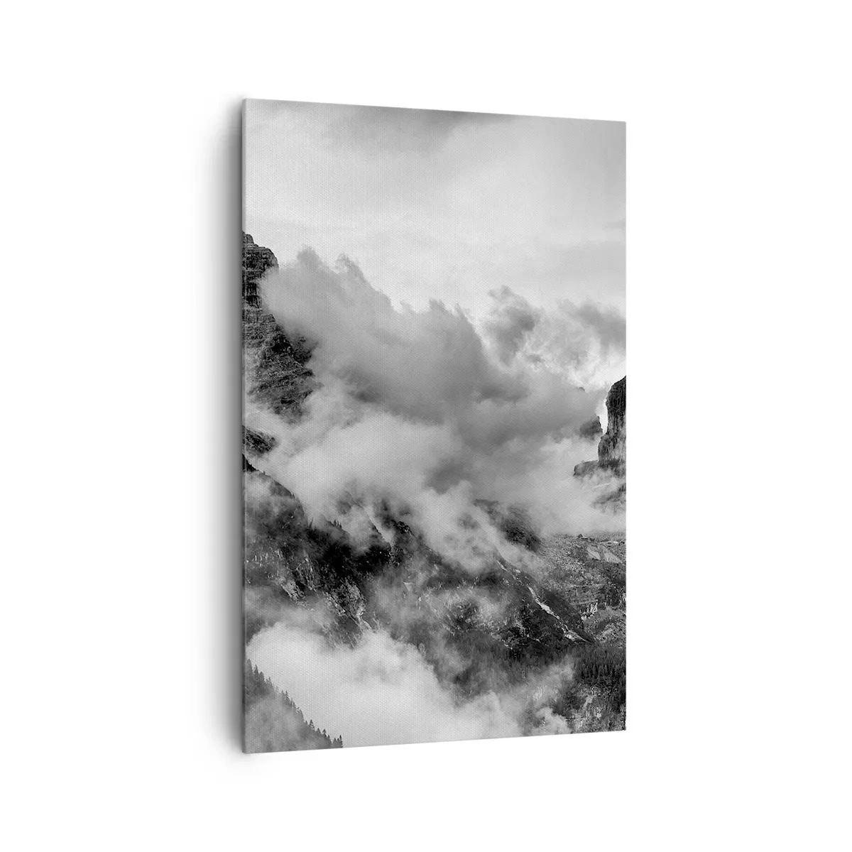 Cuadro sobre lienzo - Impresión de Imagen - Vista en blanco y negro de montañas rodeadas de nubes. - 80x120cm - Hermoso y cruel - Decoración de pared moderna para salón y dormitorio ARTTOR