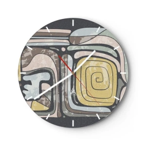 Reloj de pared - Reloj de vidrio - Formas abstractas con motivo espiral en estilo étnico - 30x30cm - Abstracción con espíritu precolombino - Decoración de pared moderna para salón, cocina y dormitorio ARTTOR