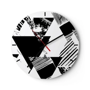 Reloj de pared - Reloj de vidrio - Composición geométrica en blanco y negro con triángulos. - 30x30cm - Una lluvia de triángulos - Decoración de pared moderna para salón, cocina y dormitorio ARTTOR