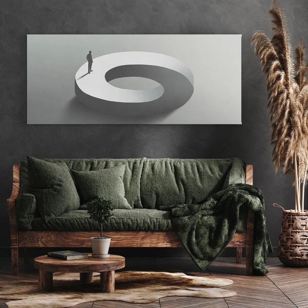 Cuadro sobre lienzo - Impresión de Imagen - Un hombre sobre una estructura gris y abstracta. - 140x50cm - Ser sabio no es una labor sencilla - Decoración de pared moderna para salón y dormitorio ARTTOR