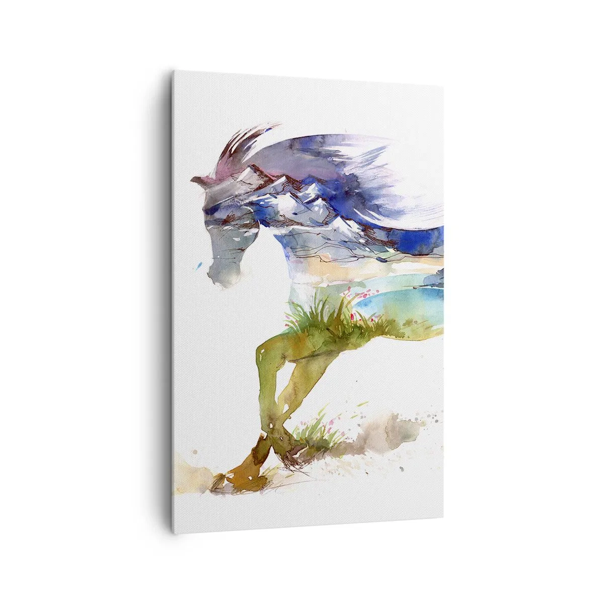 Cuadro sobre lienzo - Impresión de Imagen - Acuarela de un caballo con un paisaje de montaña en silueta. - 80x120cm - De la pradera al cielo - Decoración de pared moderna para salón y dormitorio ARTTOR