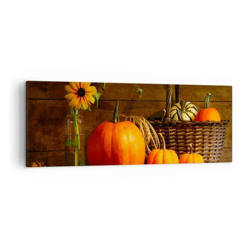 Cuadro sobre lienzo - Impresión de Imagen - Composición otoñal con calabazas y flores sobre un fondo de madera. - 140x50cm - Composición rústica - regalos de otoño - Decoración de pared moderna para salón y dormitorio ARTTOR