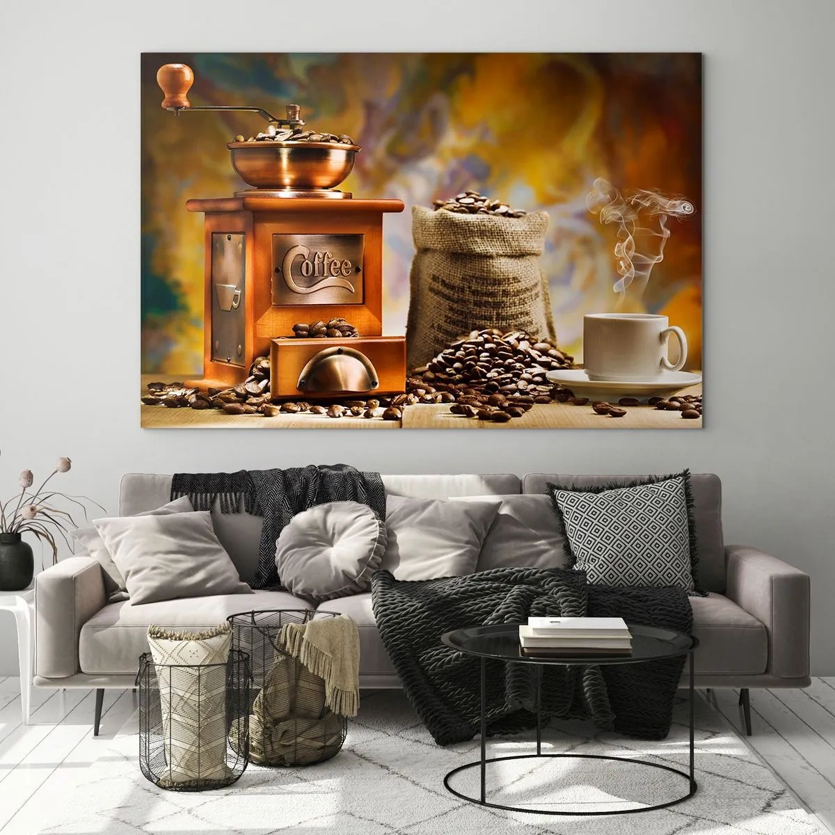 Cuadro sobre vidrio - Impresiones sobre Vidrio - Molinillo de café, granos y una taza sobre una mesa de madera. - 120x80cm - El crujido de los granos, el ruido del molino - Decoración de pared moderna para salón y dormitorio ARTTOR