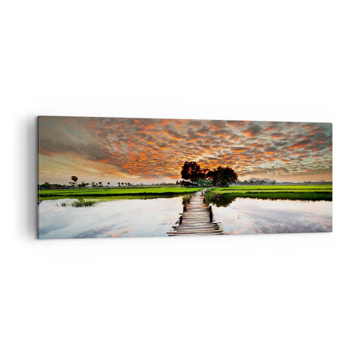 Cuadro sobre lienzo - Impresión de Imagen - Puente de madera sobre el agua al atardecer - 140x50cm - Extiende tus brazos - respira  - Decoración de pared moderna para salón y dormitorio ARTTOR