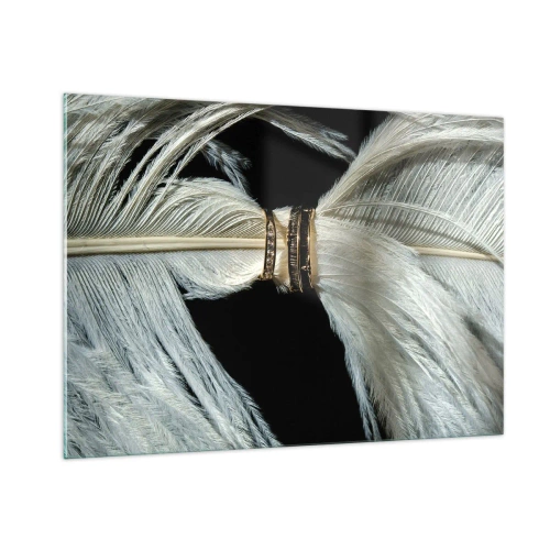 Cuadro sobre vidrio - Impresiones sobre Vidrio - Primer plano de anillos de boda sobre plumas blancas sobre un fondo negro - 100x70cm - ...y no te dejaré.... - Decoración de pared moderna para salón y dormitorio ARTTOR