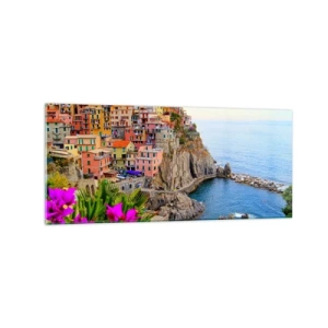Cuadro sobre vidrio - Impresiones sobre Vidrio - Casas coloridas en un acantilado con vistas al mar en un paisaje pintoresco - 120x50cm - La ciudad de la risa - Decoración de pared moderna para salón y dormitorio ARTTOR
