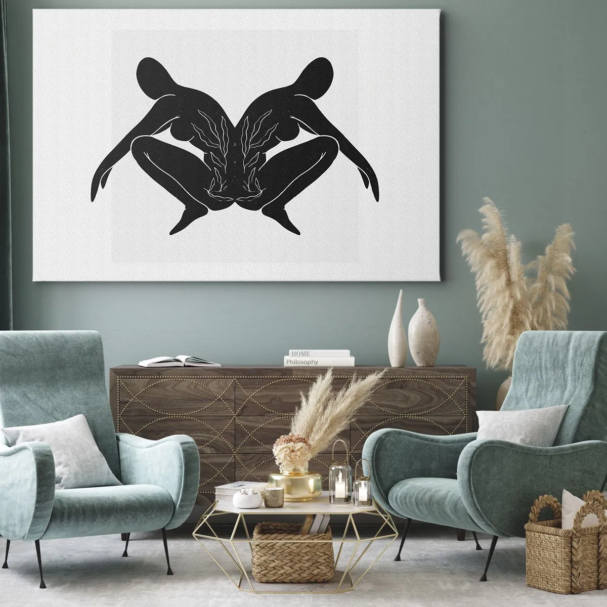 Cuadro sobre lienzo - Impresión de Imagen - Siluetas negras en posición simétrica sobre un fondo blanco. - 70x50cm - Un alma compartida - Decoración de pared moderna para salón y dormitorio ARTTOR