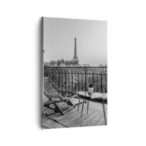 Cuadro sobre lienzo - Impresión de Imagen - Vista de la Torre Eiffel desde el balcón con tumbonas y una mesa. - 80x120cm - Una tarde parisina - Decoración de pared moderna para salón y dormitorio ARTTOR