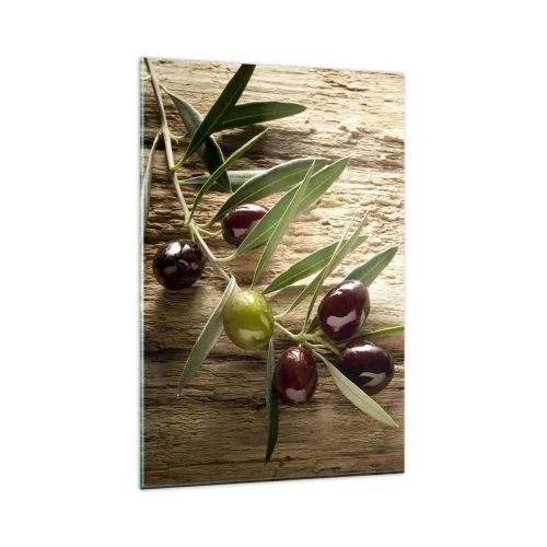 Cuadro sobre vidrio - Impresiones sobre Vidrio - Rama de olivo con fruta sobre un fondo de madera envejecida - 80x120cm - Directamente de la naturaleza - Decoración de pared moderna para salón y dormitorio ARTTOR