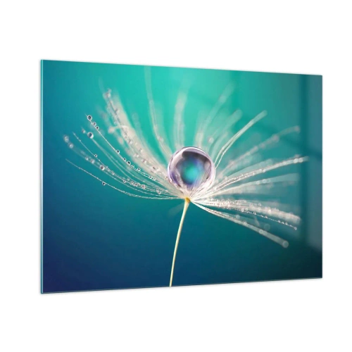 Cuadro sobre vidrio - Impresiones sobre Vidrio - Fotografía macro de una semilla de diente de león con una gota de rocío sobre un fondo turquesa. - 100x70cm - Momento místico - Decoración de pared moderna para salón y dormitorio ARTTOR