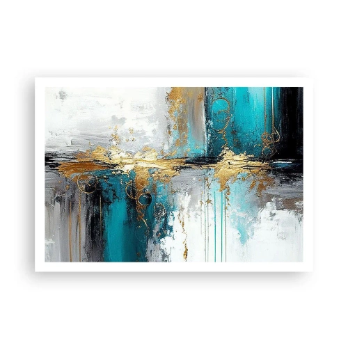 Póster - Una composición abstracta con acentos turquesa y dorado. - 100x70cm - Todo fluye - Decoración de pared moderna para salón y dormitorio ARTTOR