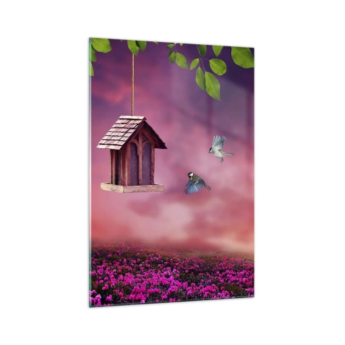Cuadro sobre vidrio - Impresiones sobre Vidrio - Un paisaje pintoresco con una casa para pájaros y una puesta de sol. - 70x100cm - Invitación a una cena - Decoración de pared moderna para salón y dormitorio ARTTOR