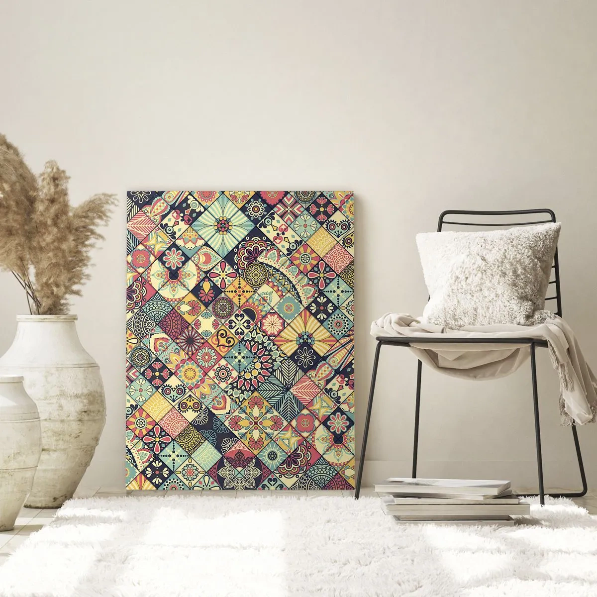 Cuadro sobre vidrio - Impresiones sobre Vidrio - Patrones geométricos coloridos inspirados en el estilo marroquí. - 80x120cm - Clima marroquí - Decoración de pared moderna para salón y dormitorio ARTTOR