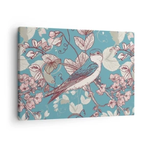 Cuadro sobre lienzo - Impresión de Imagen - Un pájaro en una rama en un delicado estilo floral. - 70x50cm - En el cerezo - Decoración de pared moderna para salón y dormitorio ARTTOR