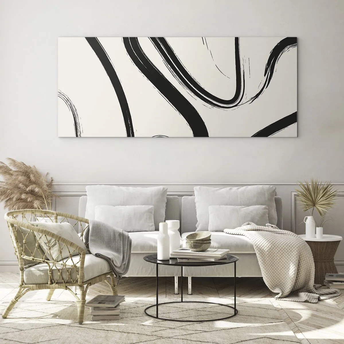 Cuadro sobre vidrio - Impresiones sobre Vidrio - Líneas curvas en blanco y negro sobre un fondo claro - 140x50cm - Fantasía en blanco y negro - Decoración de pared moderna para salón y dormitorio ARTTOR