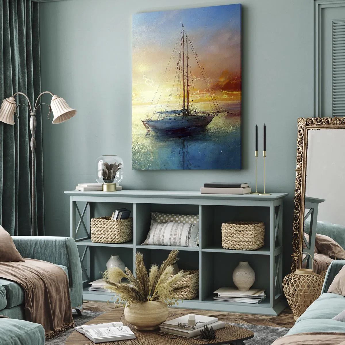 Cuadro sobre lienzo - Impresión de Imagen - Un yate en un mar tranquilo al atardecer. - 50x70cm - En una bahía dorada - Decoración de pared moderna para salón y dormitorio ARTTOR