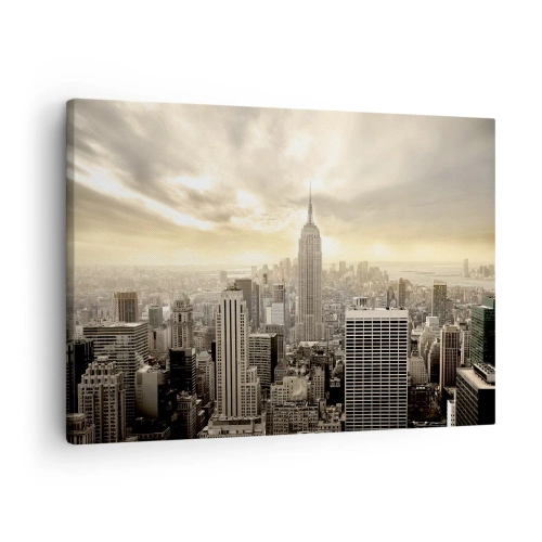 Cuadro sobre lienzo - Impresión de Imagen - Panorama de la ciudad con vista al Empire State Building - 70x50cm - Tejido neoyorquino en tonos grises - Decoración de pared moderna para salón y dormitorio ARTTOR