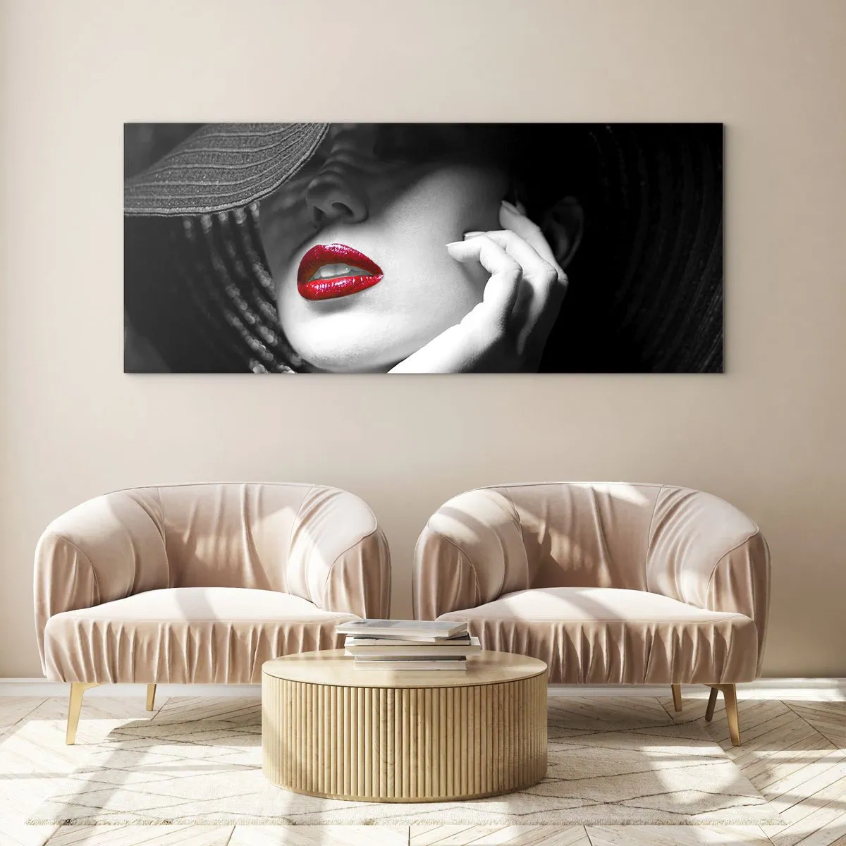 Cuadro sobre vidrio - Impresiones sobre Vidrio - Retrato en blanco y negro de una mujer con labios rojos. - 120x50cm - Estudio en escarlata - Decoración de pared moderna para salón y dormitorio ARTTOR