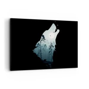 Cuadro sobre lienzo - Impresión de Imagen - Silueta de un lobo con un bosque y la luna al fondo - 100x70cm - Voz de la noche del bosque - Decoración de pared moderna para salón y dormitorio ARTTOR