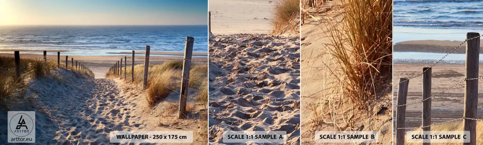 Muestra de fotomural autoadhesivo Deluxe Sticker - El sonido del mar, el canto de los pájaros, una playa virgen entre las dunas... - Paisaje, Playa, Dunas - 100x30 cm