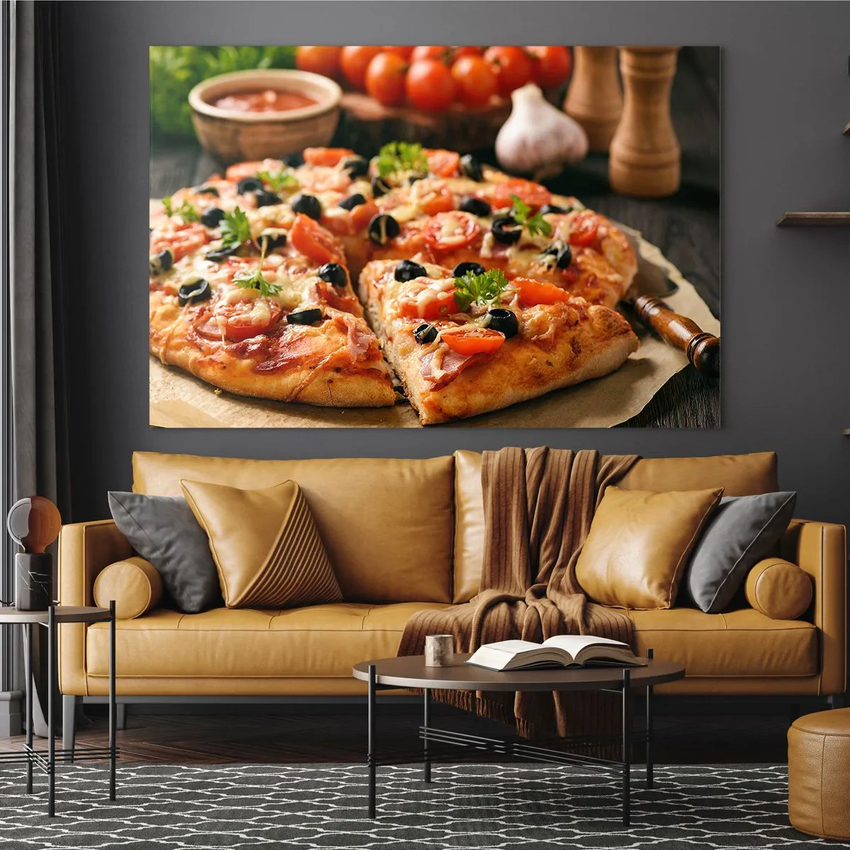 Cuadro sobre vidrio - Impresiones sobre Vidrio - Deliciosa pizza con tomates, aceitunas y hierbas. - 70x50cm - Delicioso aroma - Decoración de pared moderna para salón y dormitorio ARTTOR