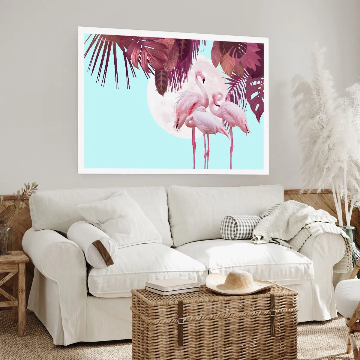 Póster - Flamencos rosados con la luna y las hojas tropicales como telón de fondo. - 100x70cm - La grandeza de las aves - Decoración de pared moderna para salón y dormitorio ARTTOR