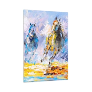 Cuadro sobre vidrio - Impresiones sobre Vidrio - Dos caballos en movimiento con el telón de fondo de un paisaje abstracto. - 80x120cm - Galopando a través del resplandor - Decoración de pared moderna para salón y dormitorio ARTTOR